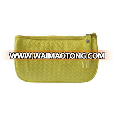 Women Travel Pouch Makeup Bag Yellow Woven Pattern PU Cosmetic Bag