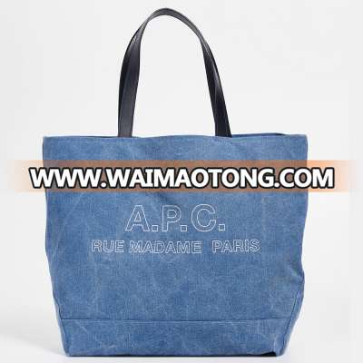 Letters printed zip interior pocket cotton lined blue denim big canvas tote bag